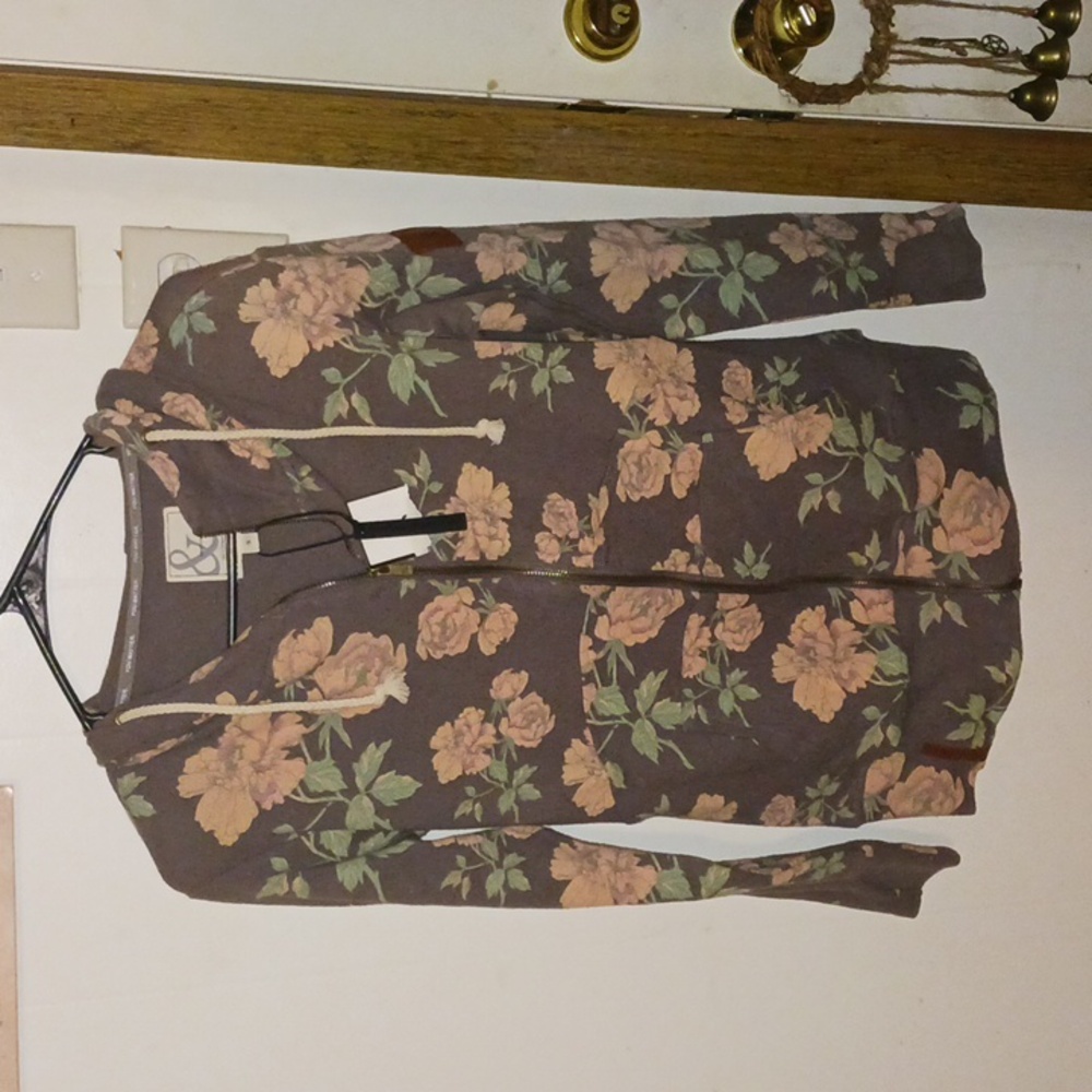 Gray Zip up with light pink flowers